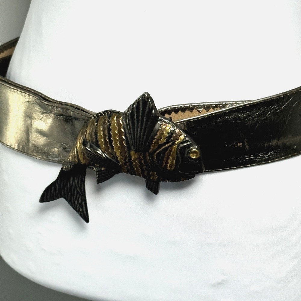 Vintage Pewter Leather Belt India Cast‎ Metal Fish Buckle Brass Copper Tones S/M